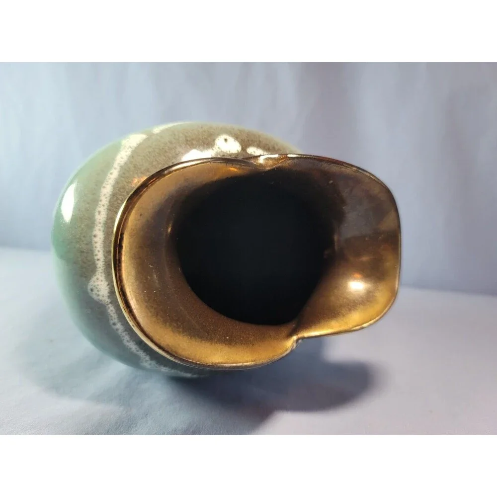 Drip Lava Vase Glazed German Tulip UNIQUE Green Black & Gold Vintage 8.5''